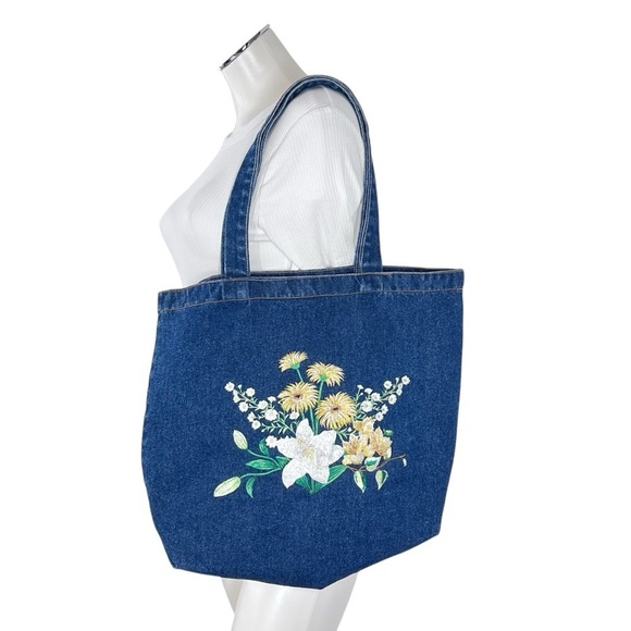 VTG 90's Floral Embroidered Blue Denim Tote Bag - Picture 1 of 16